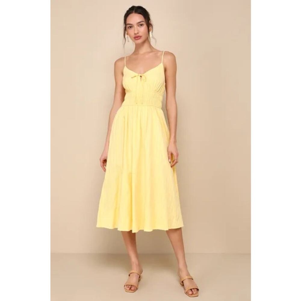 Lulu's Embroidered Midi Dress A Line Tank Yellow Large Sundress Cottage Core‎